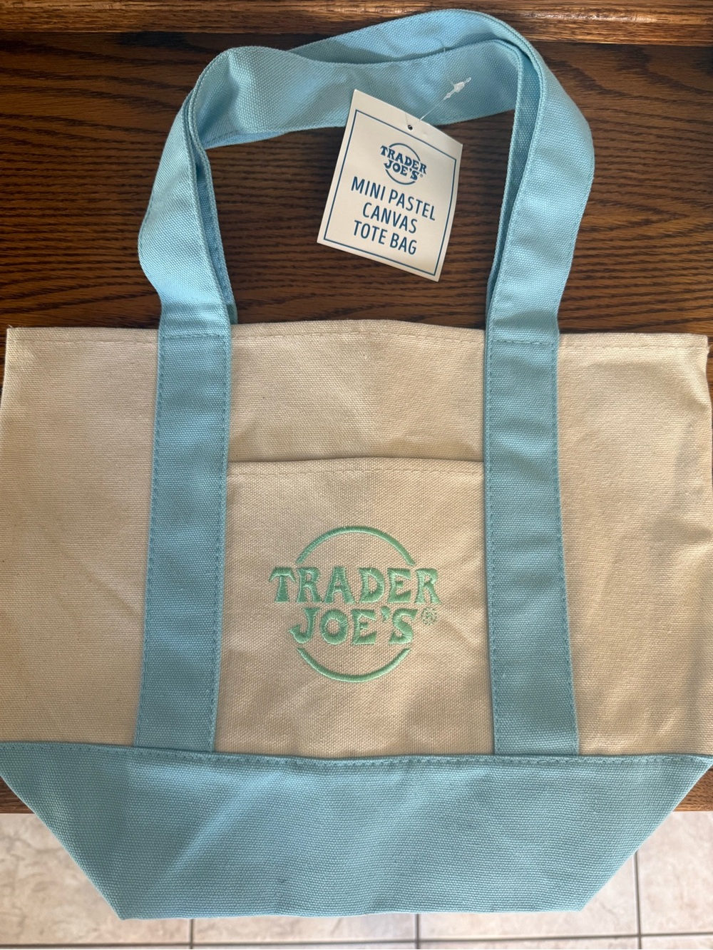 NWT Trader Joe’s Mini Pastel Canvas Tote Bag - Light Blue & Cream